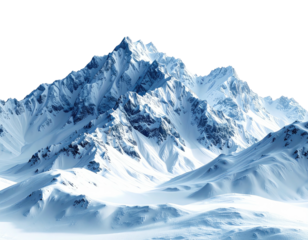 A majestic snow-capped mountain range, vast and white, dominates the image.  