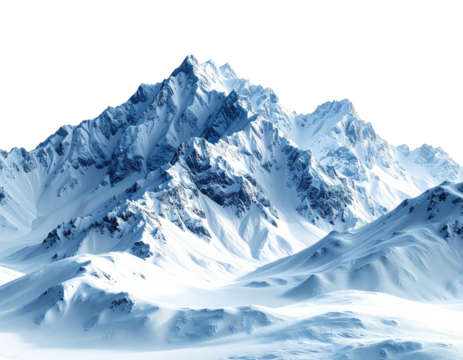 A majestic snow-capped mountain range, vast and white, dominates the image.  