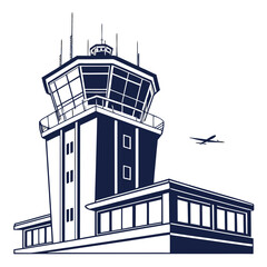 Illustration of an airport control tower with a plane in the background, showcasing air traffic management and aviation infrastructure in a minimalist style