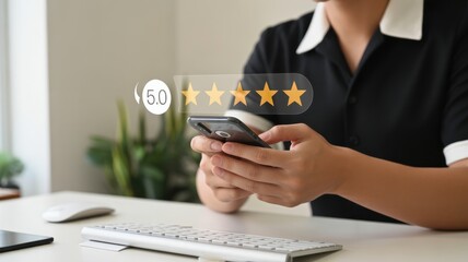 Rating the Experience: A close-up shot of a person intently uses the cell phone. The interface displaying a perfect five-star rating.