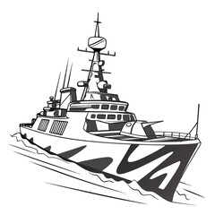 Vector art of a detailed illustration of a warship sailing on water, the ship is depicted with intricate details and a camouflage pattern, showcasing its naval design