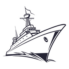 Vector art of line art illustration of a warship, showcasing its bow, mast, and flag, symbolizing naval power, maritime transport, and nautical adventure on the sea