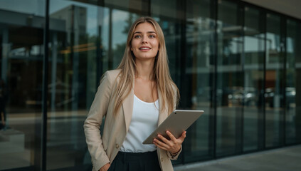 Professional Woman in Blazer Holding Digital Tablet Outside Office Building