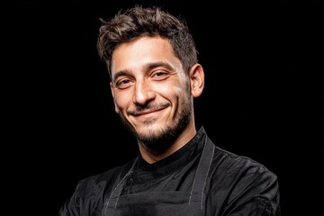 Fototapeta premium Smiling chef wearing black uniform and apron on black background