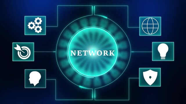 Digital network hub connecting global data gears lightbulb target profile shield security concept abstract technology background with glowing neon lines and icons - Powered by Adobe