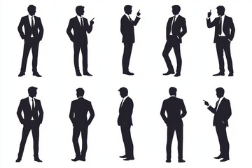 Set of businessman silhouettes in different poses pointing and standing