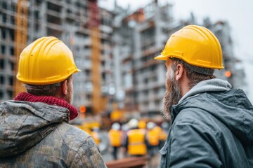 Construction workers wearing hard hats discussing building project progress