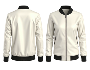 Front and back view of a plain cream-colored bomber jacket