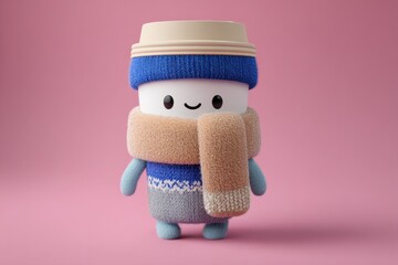 Cute coffee cup character wearing winter clothes