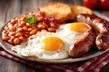 English breakfast plate with fried eggs, sausages, baked beans, and toast on wood