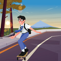 Illustration of school children playing skateboard with sunset view