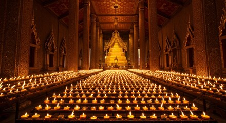 Obraz premium Thai Temple Candle Offering, rows of candles in golden hall