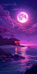 A purple tropical beach with a small house by the shore, palm trees, and distant mountains, under a violet sky where the full moon reflects on the water, creating a magical sunset-to-night scene.