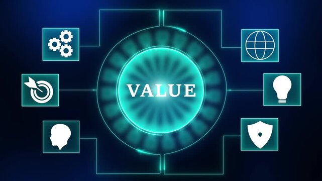 Value proposition concept diagram with icons for business strategy global reach innovation security and human capital on dark blue background with glowing neon lines and central radiating light effect