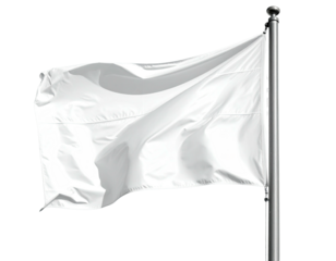 A plain white flag billowing in the wind on a metal pole