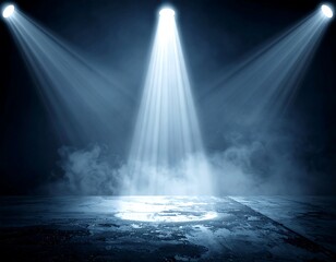 Three powerful spotlights illuminate a dark, smoky, empty stage floor, creating a dramatic, mysterious, and abstract background perfect for product presentation or event promotion.