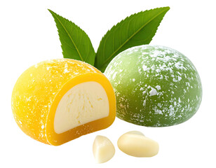 Two colorful mochi, one yellow, one green, with a creamy filling, and tea leaves