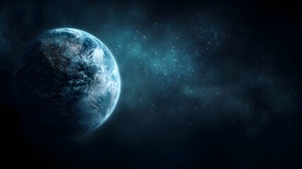 Fototapeta premium A depiction of planet Earth in deep space illuminated by distant stars and ethereal nebulae showcasing city lights on its surface