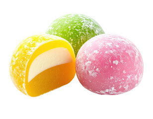 Three colorful mochi, one sliced open, displaying a creamy filling
