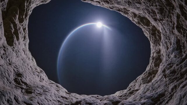 Ethereal Moonbow Scene with a Majestic View of the Night Sky and a Glowing Planet, Captured from Inside a Rocky Cave Looking Upward