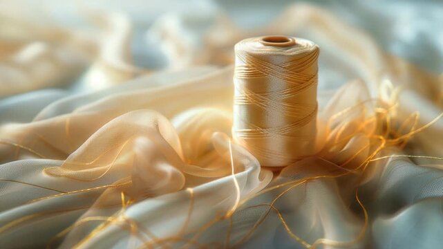A single thread spool resting on a plain white cloth, perfect for sewing and crafting projects