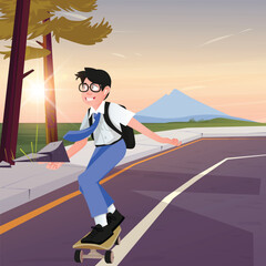 Illustration of school children playing skateboard with sunset view