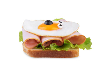 Sandwich with ham and fried egg in the form of ghost for Halloween holidays on a white isolated background