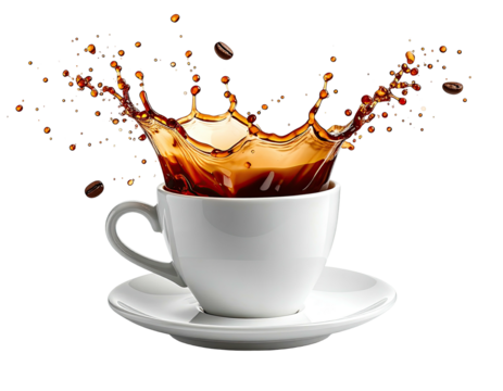 Coffee splash in a white cup, coffee beans flying
