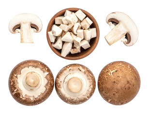 Mushroom halves and diced pieces, top view