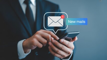 Digital Communication: A person in a formal attire holds a smartphone, with a speech bubble icon of email notification hovering above, highlighting digital interactions and the flow of communication.