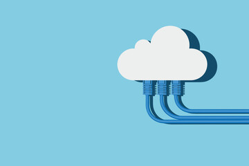 Cloud computing concept with Ethernet cables, digital data network illustration, internet connectivity infrastructure, stylized cloud icon on blue background for tech and IT visuals