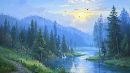 Panoramic Realistic Landscape Painting of Misty Forest River at Sunrise with Birds and Sunbeams