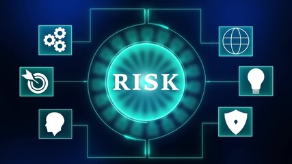 Risk management strategy concept with interconnected icons for business operations global reach innovation security and human capital analysis on dark blue background digital infographic - Powered by Adobe