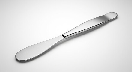 Fototapeta premium Sleek and minimalist stainless steel butter knife lying diagonally on a clean white studio background, a classic utensil for dining