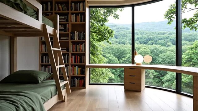 Wooden bedroom with bunk bed, bookshelf, curved desk and large panoramic window view 
