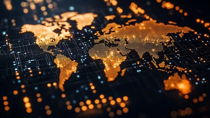 Crypto coins forming digital world map layout