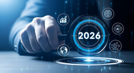 Hand holding a magnifying glass focusing on the year 2026, surrounded by ai, brain, graph, globe, and network icons on a dark futuristic background