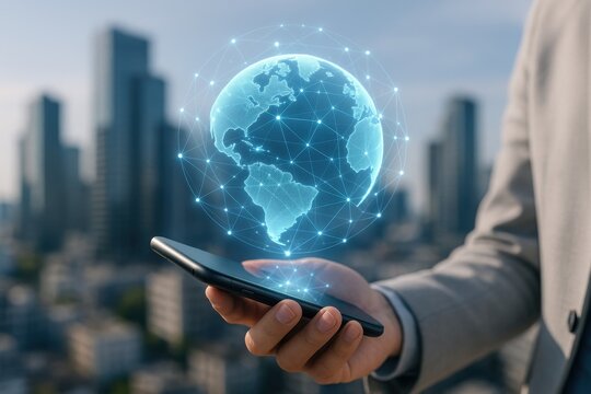 Person Holding Smartphone with Digital Earth and Network Connections in Urban Landscape