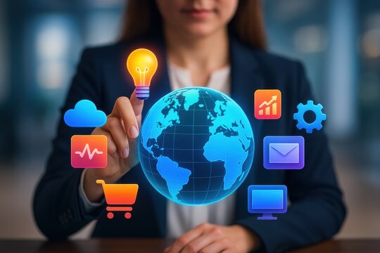 Businesswoman Interacting with Global Technology Concepts and Innovative Icons