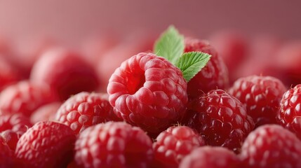 Close Up Fresh Raspberries with Green Leaves in Macro Shot Cinematic HDR Food Photography Red Background