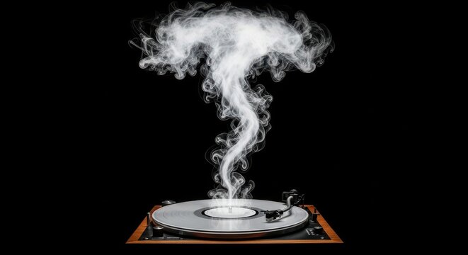 Music emanates from a vintage record player creating ethereal smoke - Powered by Adobe