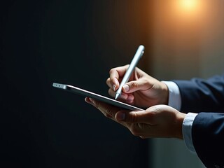 Business professional using a digital stylus on a tablet for modern technology solutions and innovation in a dark environment