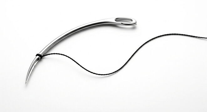 A detailed close-up of a curved surgical needle with black suture thread, isolated on a white background for medical use