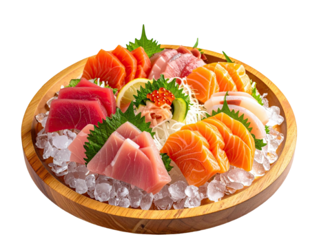Wooden platter of assorted fresh sushi-grade fish