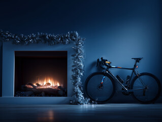 Fototapeta premium Road bike standing by a fireplace decorated for christmas in blue room