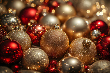 A festive and luxurious close-up of Christmas ornaments in sparkling gold, rich red, and shimmering silver, creating a beautiful bokeh effect.