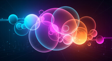 Abstract neon circles with vibrant gradient colors on dark background