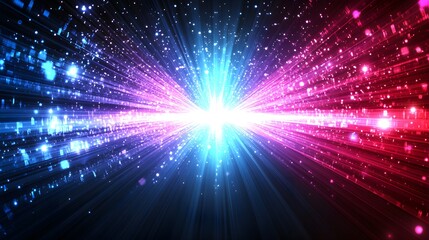 Fototapeta premium A vibrant, digital artwork showcases a dynamic burst of radiant light, emanating from a central point, with a spectrum of electrifying blue and red hues.
