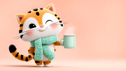 Cute, happy, and funny cat in scarf holding cup of steaming hot coffee. Joyful cartoon kitten with mug of tea smiles and winks. Illustration with copy space