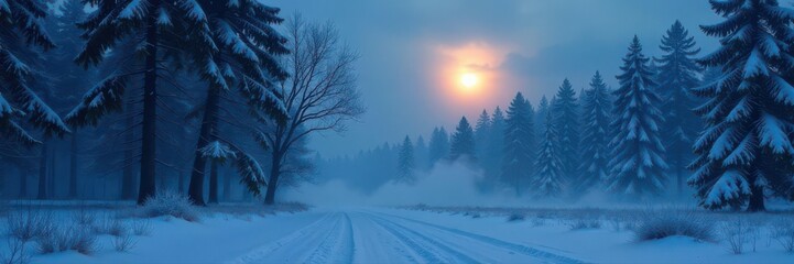 Obraz premium Misty winter forest, moonlit trees fading into fog , landscape, serene, moon